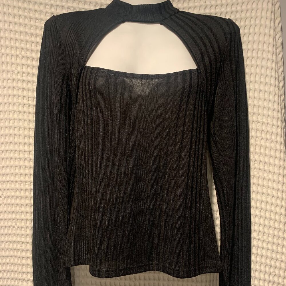 NEW BCBG Ladies Black Ribbed Mock Neck L/S Top